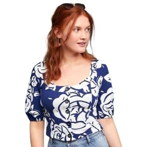 Anthropologie Maeve Amiens Blue & White Floral Puffed Sleeve Cropped Blouse - Picture 4 of 10